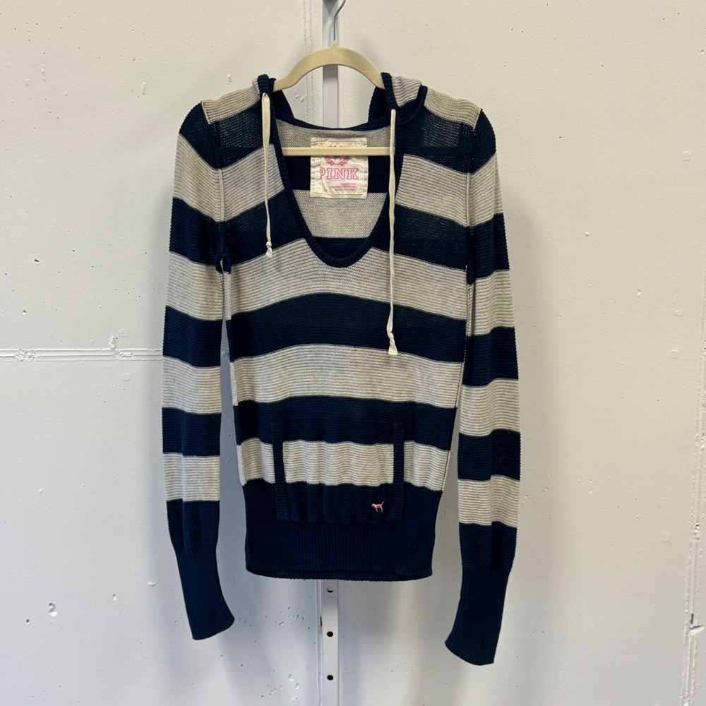Y2K 2010s Pink Victoria's Secret Navy Gray Striped Knit Hoodie V-Neck Pullover L